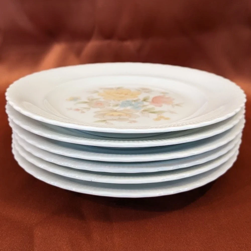 Vintage Ichiyama Toen Japan Floral Porcelain Salad Plates Set of 6 Ribbed Edge